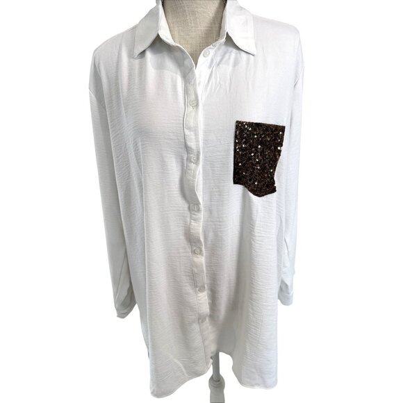 Misia White Collared Long Sleeve Button-Down Shirt With Brown Sequin Pocket XL - Picture 1 of 11